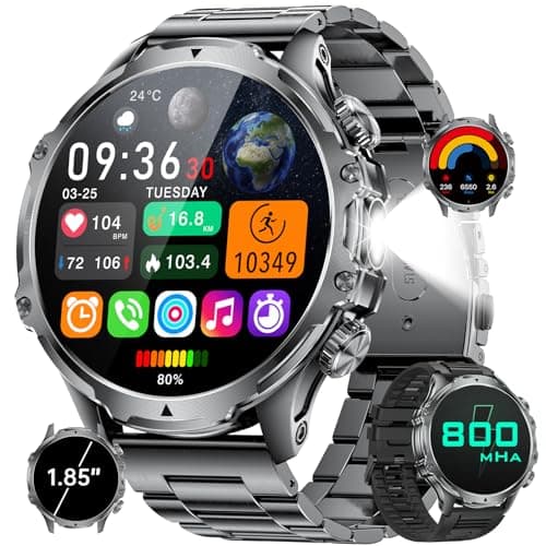 HIRREO Military Smart Watch for Men 185 HD Large Screen Smartwatch 800mAhLED FlashlightIP68 WaterproofPedometer100 Sports Fitness Tracker Mens Smart Watches for Android iOS Black