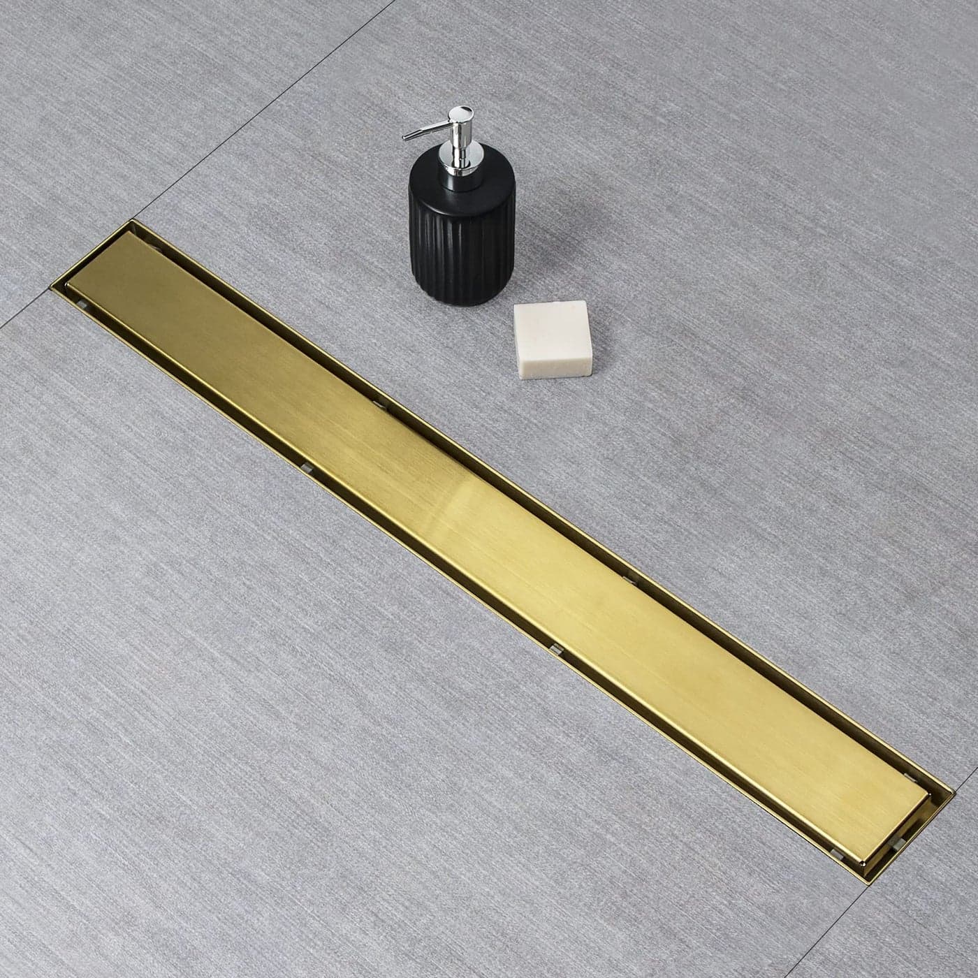 SaniteModar Linear Shower Drain Gold Shower Drain 32 inch with 2 in 1 Tile Insert and Flat Panel AISI 304 Stainless Steel Gold Linear Shower Drain with Hair Strainer and Leveling Feet