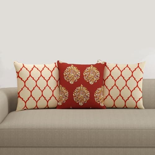 Trance Home Linen 100% Cotton Printed 18x18 inch Cushion Covers for Sofa and Diwan | Throw Pillow/Small Cushion Pillow Covers – (18x18 inch | 45cmx45cm, Dori & Damask Clay Red)– Set of 3