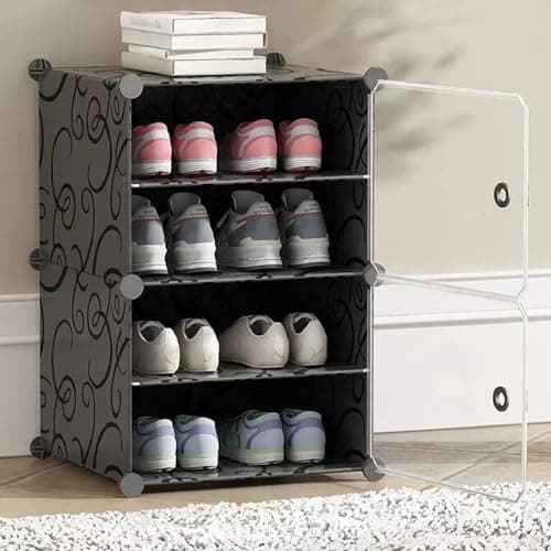 KEEKOS Portable Shoe Rack for Home Plastic with Door,Adjustable Plastic Shoe Rack for Bedroom/Outdoor Waterproof, Shoe Storage Organizer,with Shelves Kitchen Runner Rug (Deep Grey, 4-Layer)