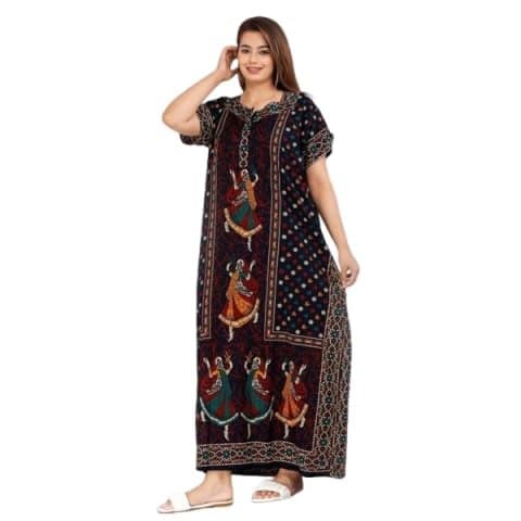 Women's Cotton Printed Stylish Night Dresses | Pure Cotton Night Gown | Maxi Dress | Frock Nighty for Women | Gown for Women (Blue_Free)