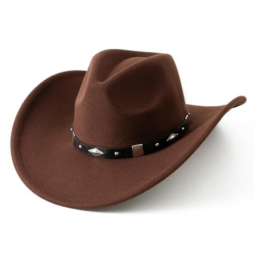 Lanzom Women Men Classic Felt Wide Brim Western Cowboy Cowgirl Hat with Belt Buckle (Coffee 1, Medium-Large)