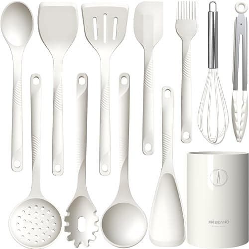 Silicone Cooking Utensils Set - 600°F Heat Resistant, Nonstick Kitchen Utensil Set with Spatulas, Spoons, Whisk, Tongs, BPA Free, Dishwasher Safe, Cream White