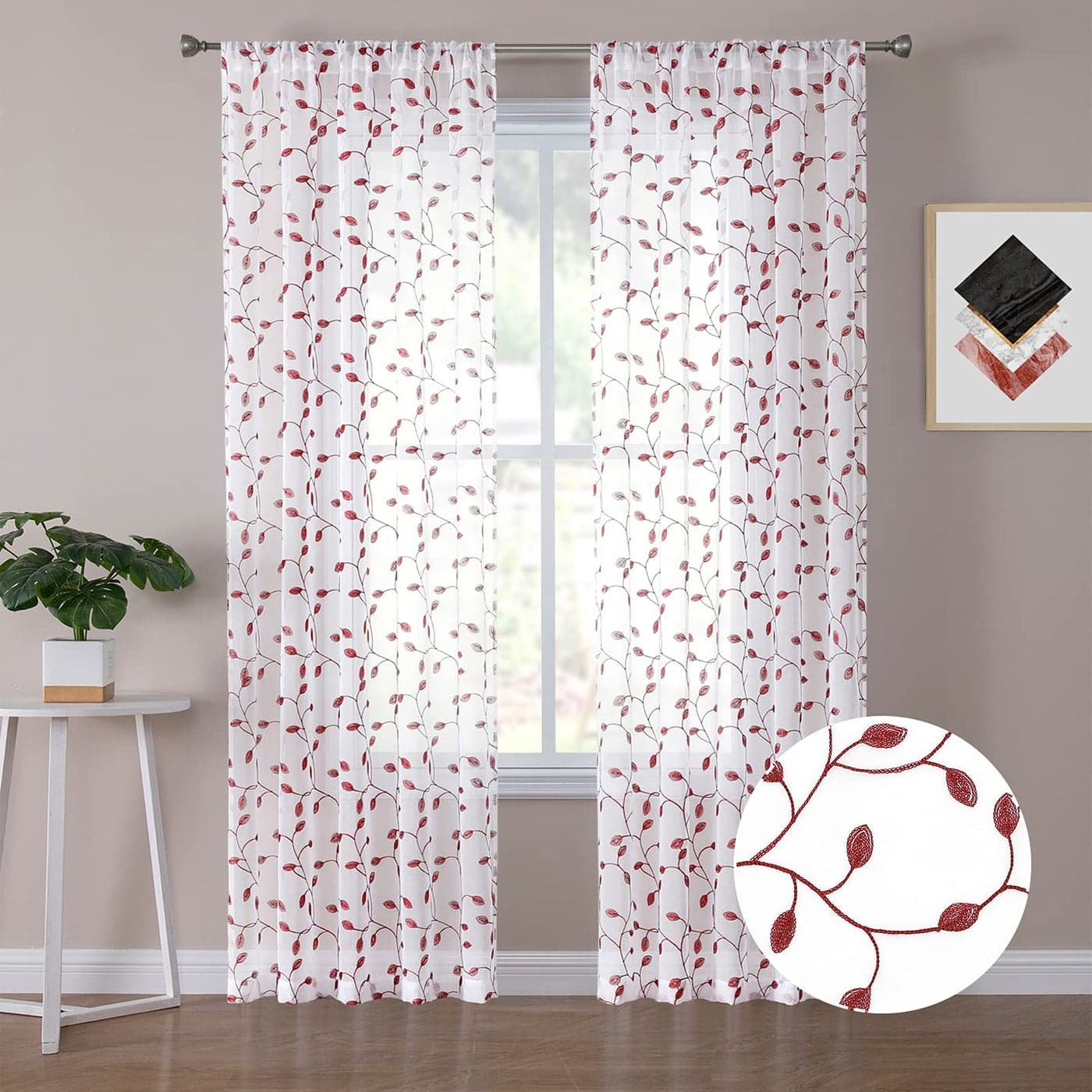 Tollpiz Leaves Sheer Curtains Burgundy Red Leaf Embroidery Living Room Curtain Rod Pocket Voile Faux Linen Embroidered Leaves Curtains for Bedroom 54 x 72 inches Long Set of 2 Panels