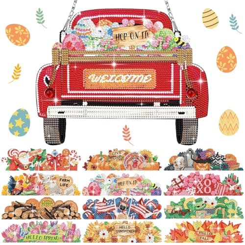 Menkxi 13 Pcs Patriotic Diamond Art Hanging Sign Seasonal Interchangeable Diamond Painting Welcome Sign for 4th of July Home Front Door Wall Window Farmhouse Porch Decorations Gifts DIY Crafts(Red)
