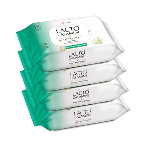 Lacto Calamine Daily Cleansing Face Wipes 25N Each - Pack of 4 | Makeup Remover Wipes | Wet Tissue for Face with Aloe Vera, Cucumber & Vitamin E | Wet Wipes for Women & Men | Paraben & Alcohol Free