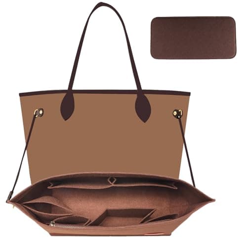 OAikor Purse Organizer Insert, Tote Bag Organizer Insert with Base Shaper,Felt Zipper Handbag Shaper Compatible with Neverfull MM Speedy 30 and More,Brown/L