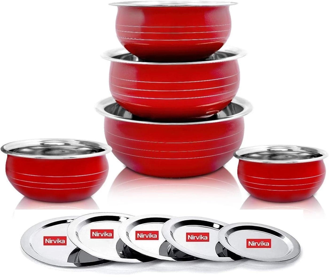 Nirvika Stainless Steel Powder Coating Handi, Cooking Serving Bowl, Cookware Set of 5 Pieces with lid Size: 0.300 L, 0.500 L, 0.750 L, 1.100 L, 1.500 L (Red,Stainless Steel, Non-Stick)
