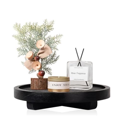 Round Decorative Tray Wood Bathroom Counter Organizer Farmhouse Kitchen Decor Wooden Riser for Soap Dish, Perfume, Candle, Sponge, 8" - Black