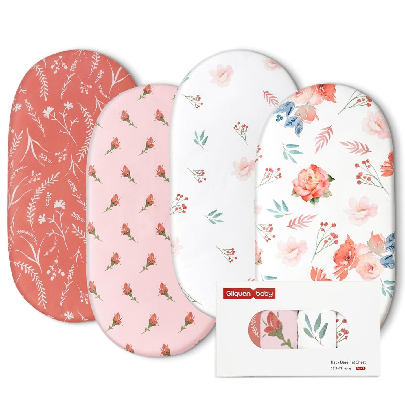 Gllquen Baby Bassinet Sheets 4 Pack Breathable Cozy Fitted Mattress Sheet Elastic Travel Crib Fashionable Floral Pattern Standard Cradle Safe Sheets for Baby Boys Girls 32x16 Flower