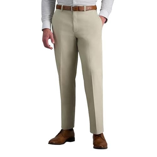 Haggar mens Premium No Iron Khaki Classic Fit Expandable Waist Flat Front Pant, Sand, 44x32