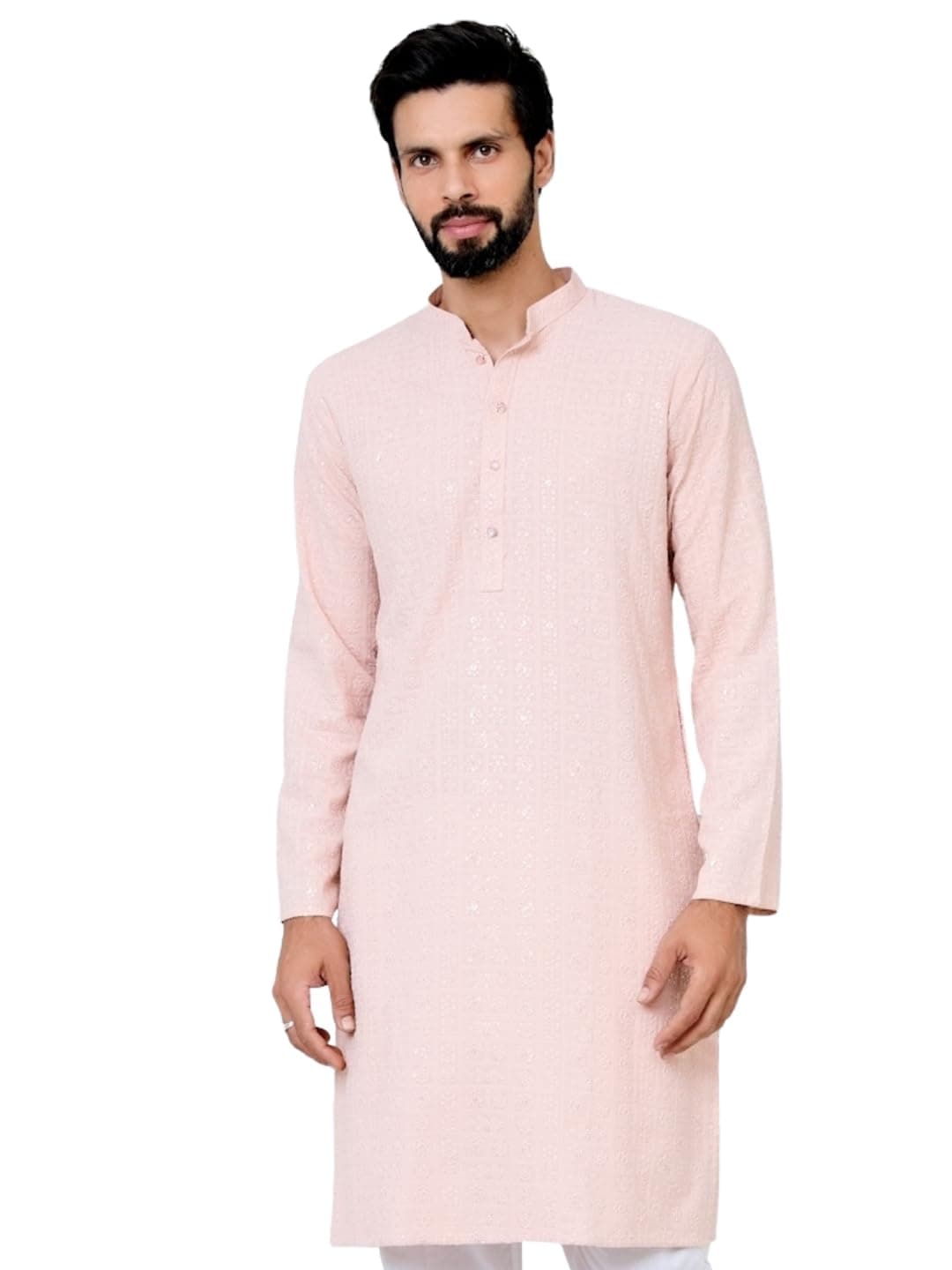 See Designs Men's Full Sleeve Mandarin Collar Men Peach Ethnic Motifs Sequins Embroidered Straight Long Kurta - Festive Collection | - SDKT2886L