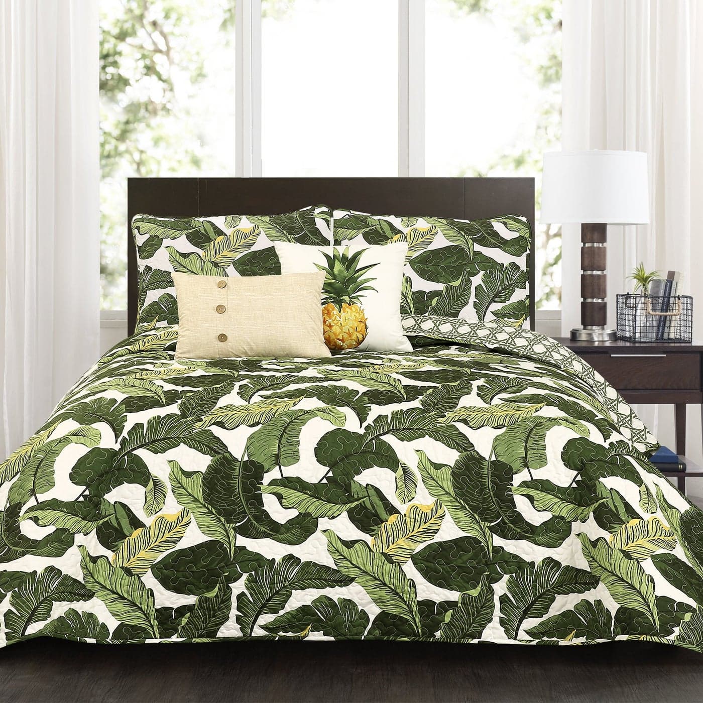Lush Decor Tropical Paradise Quilt Leaf Palm Rainforest Reversible 5 Piece Bedding Set King Green