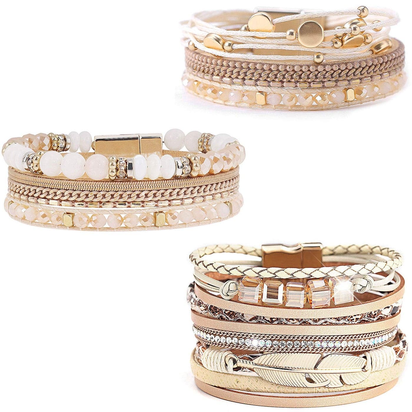 Wovanoo Leather Wrap Bracelet Set 3Pack Wrist Cuff Bracelet for Women Multilayer Magnetic Clasp Bracelet Feather Tree Bead Crystal Bracelet Crystal
