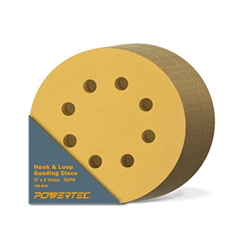 POWERTEC 50 PCS 150 Grit - 5 Inch 8 Hole Hook and Loop Sanding Discs, 5" Sanding Pads for Automotive, Drywall, Woodworking with Orbital, DA & Air sander (44015G-50)