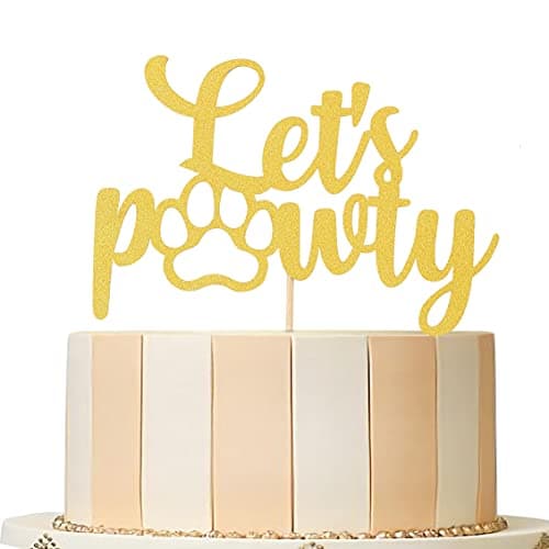 Festiko® Gold Let's Pawty Cake Topper - Pet Dog Birthday Cake Decoration, Puppy Boys Girls Birthday Party Cake Decoration Supplies, Gold Glitter Dog Theme Birthday Lets Pawty Cake Topper