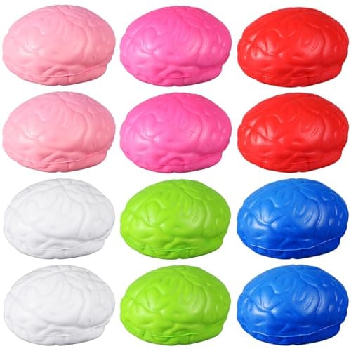 Leitee 12 Pcs Brain Stress Balls Bulk Large Brain PU Hand Muscle Exercise Pressure Ball Funny Stress Relief for Adult Improving Grip Strength PropColorful