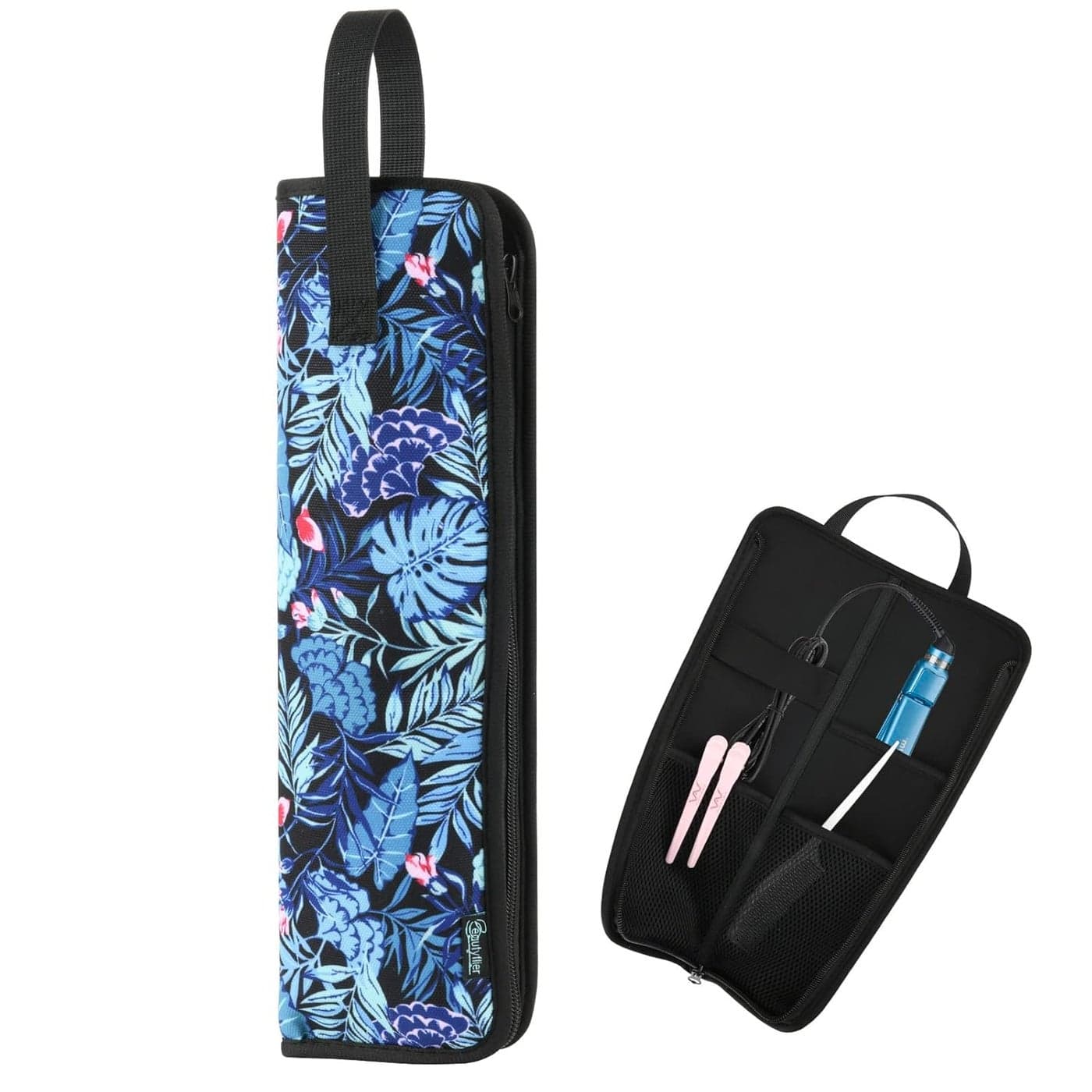 Beautyflier Premium Universal Flat Iron Holder Tavel Bag HeatResistant Canvas Travel Tote Bag for Hair Straighteners Ideal for Home Travel Use Fits Most Hair Tools Blue Flower