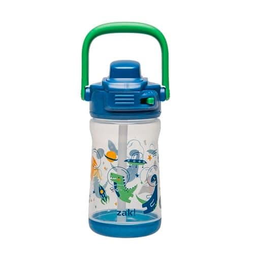 Zak Designs Beacon Kid Water Bottle for Travel or At Home 12oz Plastic is Durable and LeakProof with Liquid Lock Spout Cover Carry Handle Protective Base Dinosaur