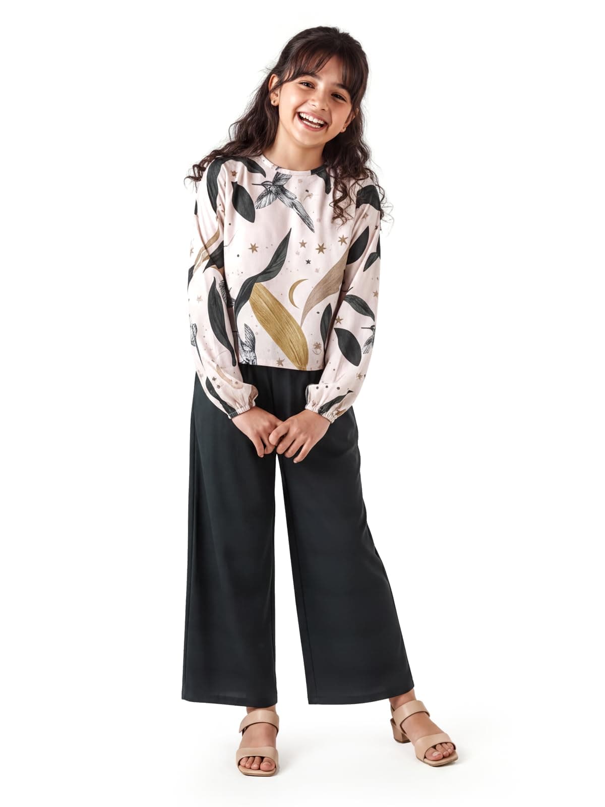 HELLCAT Elegant Floral Print Co-Ord Set for Girls 11-16 Years| Trendy Matching Top & Bottom Set_Green_11-12 Years