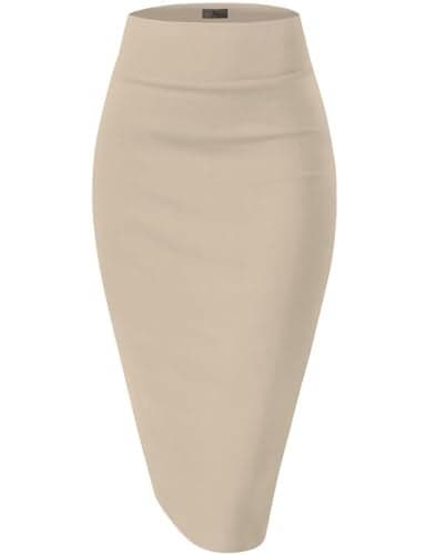 Hybrid & Company Women's Premium Nylon Ponte Stretch High Waist Pencil Suit Skirt Below Knee KSK45002 1073T Stone S
