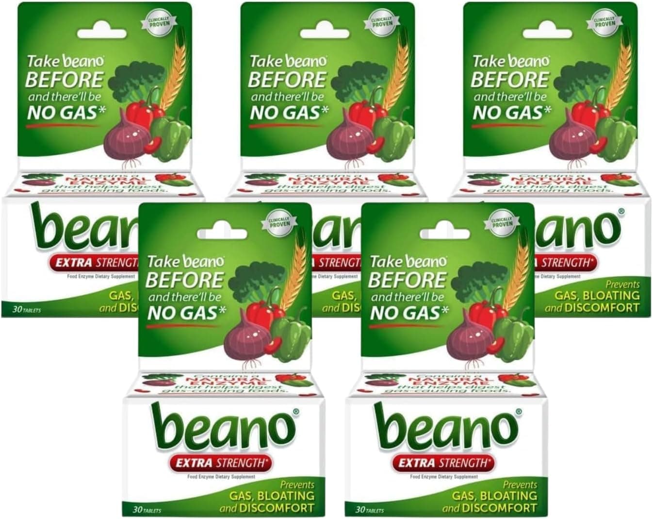 Beano Extra Strength Gas Prevention Digestive Enzyme Supplement 30 Count Pack of 5