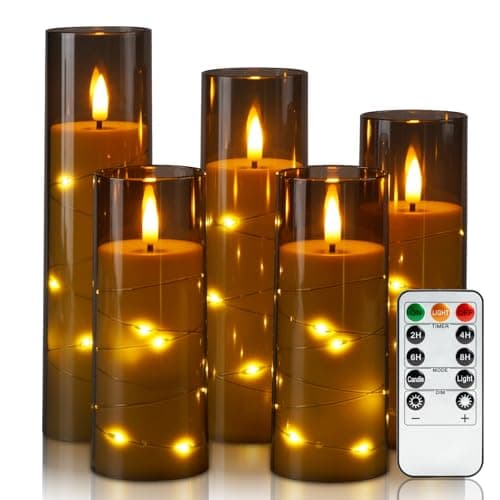 Homemory Flameless Candles with Star String Fairy Lights Battery Operated Candles LED Candle Fake Candles with Remote Control and Timer Modern Home Decor Grey Set of 5