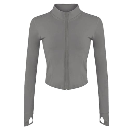 Lviefent Womens Lightweight Full Zip Running Track BBL Jacket Workout Slim Fit Yoga Sportwear with Thumb Holes (Grey, Medium)