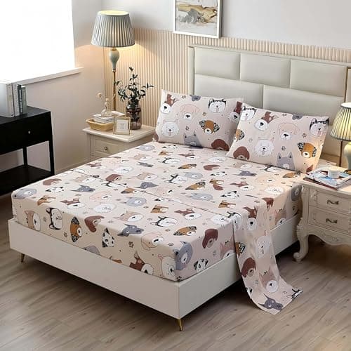 SDY 4PCS Dog Bedding Sheets Set Queen Size, Cute Puppy Pattern Fitted Sheet Sets with Deep Pocket, Kawaii Bedroom Decor for Kids, Teens, Children, Baby, Boys, Girls and Animal Lovers (Dog, Queen)