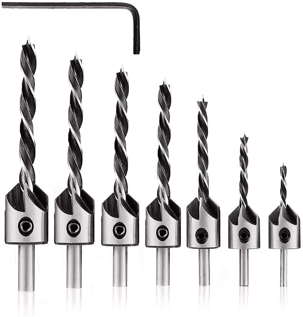 GSK Cut Countersink Drill Bits Woodworking Chamfer Countersink Drill Bits Set for Woodworking 3 4 5 6 7 8 10mm with Hex Key Pack of 7