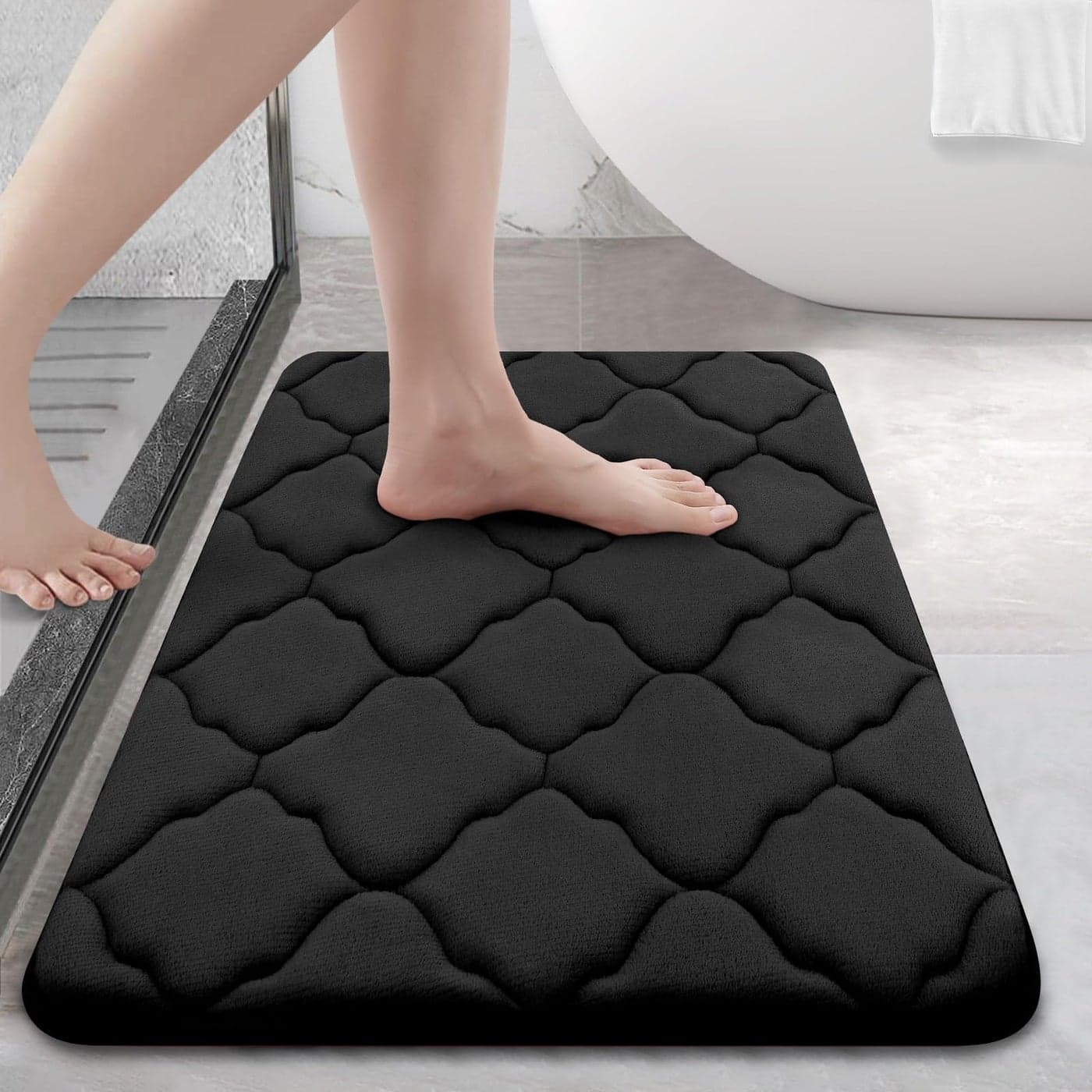 OLANLY Memory Foam Bath Mat Rug 24x16 Soft and Absorbent Bathroom Rugs NonSlip Comfortable Machine Washable Bath Carpet for Bathroom Floor Tub Shower and Home Decor Accessories Black