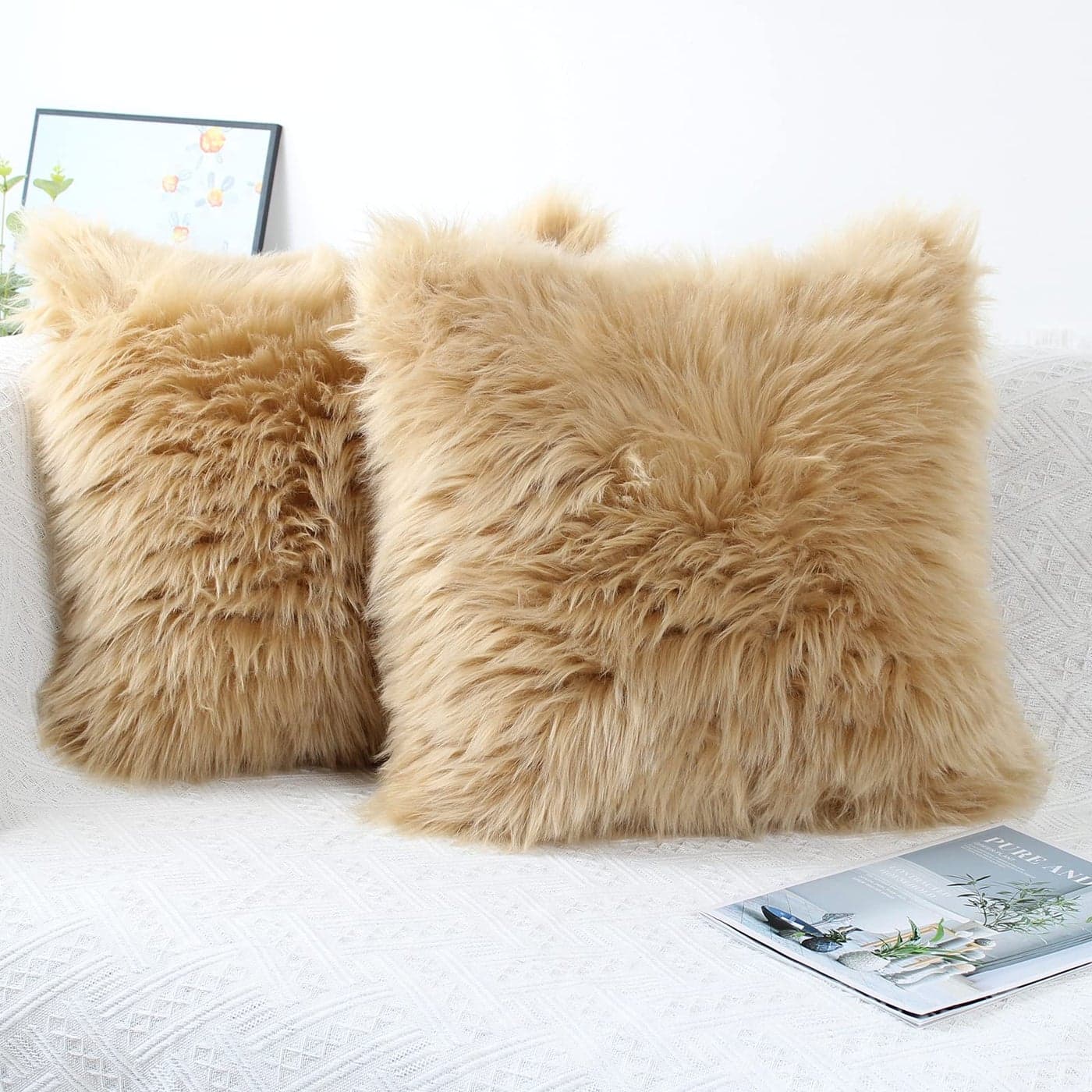 OYIMUA Fluffy Decorative Throw Pillow Covers 2020 Faux Fur Farmhouse Luxury Pillow CasesSoft Plush Fuzzy Beige Cushion Covers for Sofa Couch Living Room Bedroom Set of 2