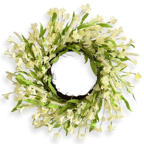 White Spring Wreath for Front Door, 24 Inch Forsythia Wreath with Green Leaves, Artificial Lavender Wreath with Grapevines Base for Easter Farmhouse All-Season Home Indoor Outdoor Wall Decor