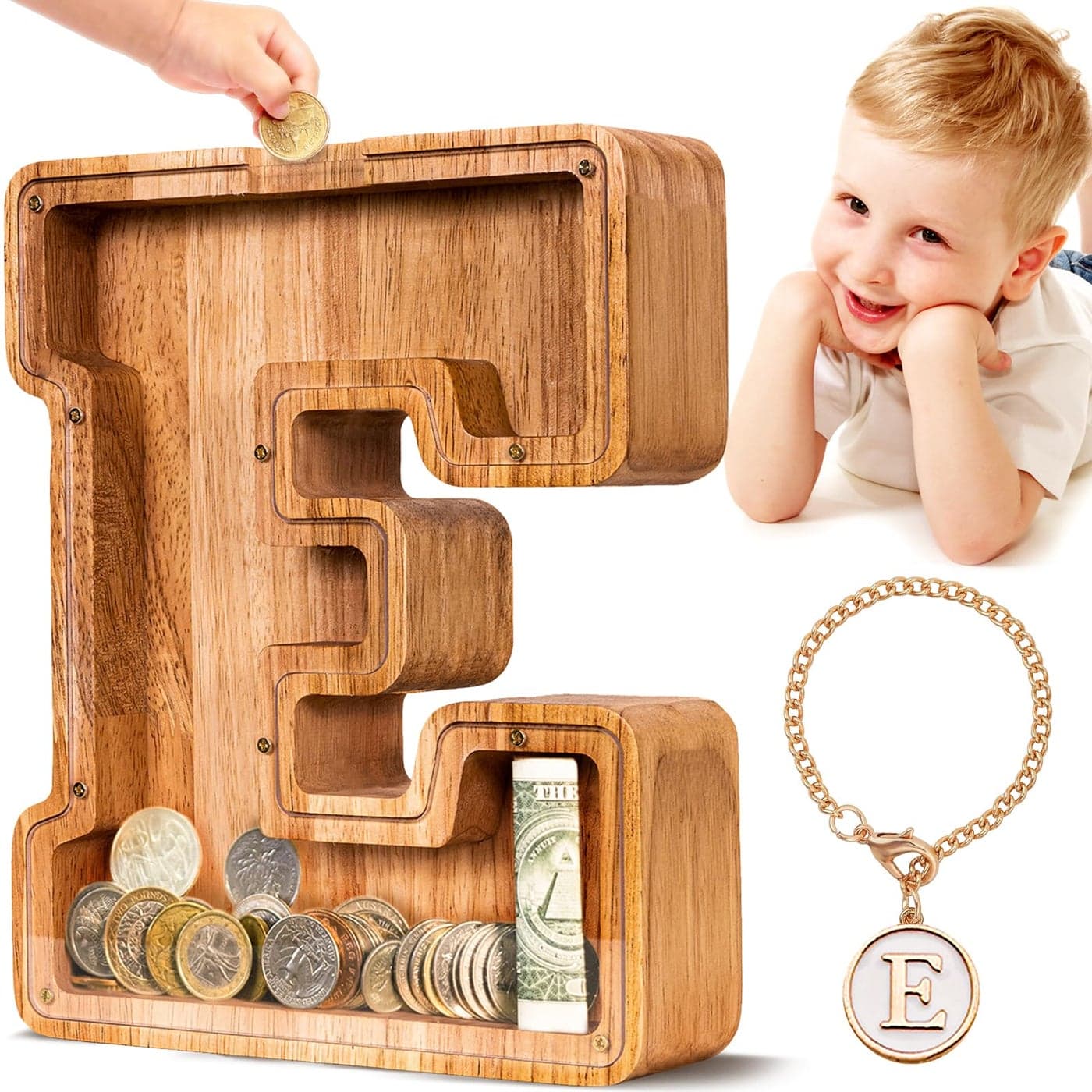 SummiDate Wooden Letter Piggy Bank for Kids Piggy Bank for Boys Girls Toddler Alphabet A Money Bank Wood Coin Bank Personalized Birthday Easter Gift for Kids E