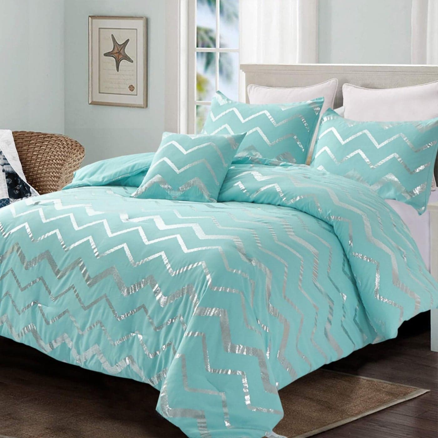 Menghomeus Aqua Comforter Set King Metallic Teal and Silver Bed Comforter 4 Piece Soft Microfiber Bedding for Teen Girls Women 2 Pillow Shams 1 Decorative Pillow Sham