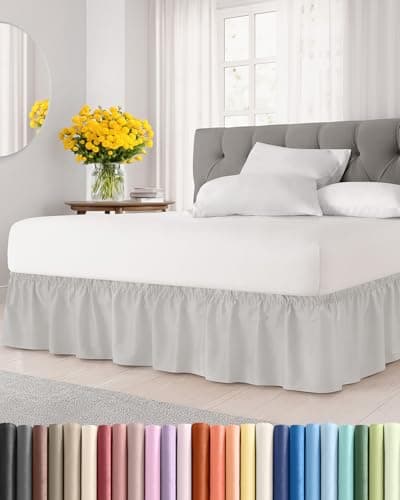 Wrap Around Dust Ruffle Bed Skirt French Grey for Queen Size Beds w 12 Inch Drop Easy Fit Elastic Strap Adjustable Pleated Bedskirt wBrushed Fabric Wrinkle Free Women Men Kids Teens