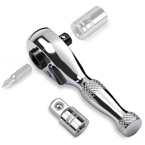 HORUSDY 1/4-Inch Stubby Ratchet Wrench Set, Chrome Alloy 90-Tooth Reversible 1/4" Drive Handle with Magnetic Bit Driver & 1/4" to 3/8" Adapter, Compact Socket Wrench for Tight Spaces, Auto, DIY