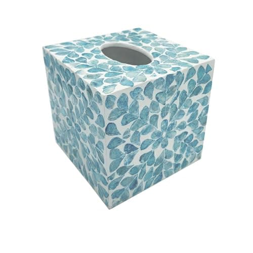 PEMAR Handcrafted Wooden Tissue Box Cover for Small Cube Tissue Boxes Only (Max Inner Size 4.7”) – Capiz Shell Inlay Decorative Tissue Holder for Bathroom, Living Room & Office (Teal Vines)