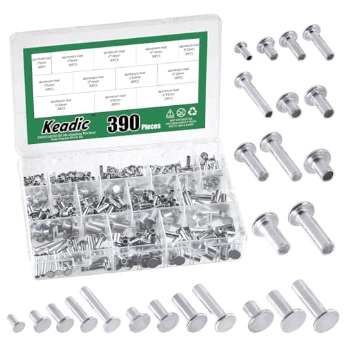 Keadic 390Pcs M4 M5 M6 Aluminum Flat Head Semi-Tubular Rivets Assortment Set, 12 Sizes Silver Tone Metal Stud Fasteners for Leather Household Automobile Industry