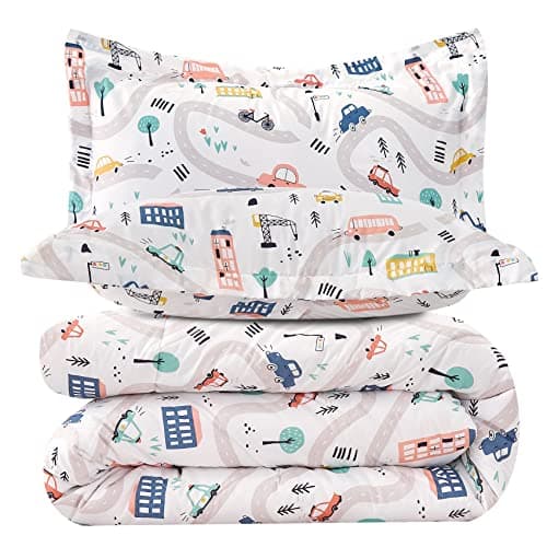 JSD Car Kids Comforter Set Full Size, 3 Piece Printed Microfiber Comforter with Pillow Sham, Lightweight All Season Washable