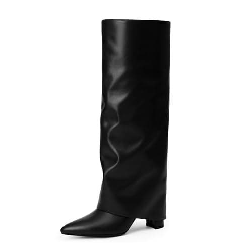 Modatope Black Fold Over Knee High Pointed Chunky Heeled Tall Long Boots for Women Size 7.5