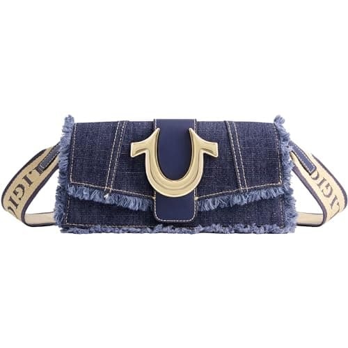 True Religion Women's Shoulder Bag Purse, Frayed Denim Mini Flap Crossbody Handbag with Horseshoe Logo, Denim