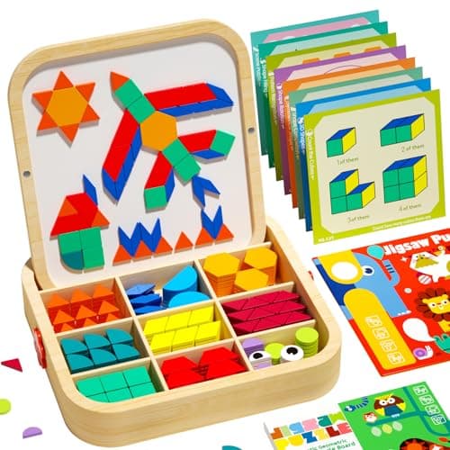 edutree Wooden Magnetic Pattern Blocks Set with Cards 288 PCS Montessori Tangram Puzzle Learning Toys for Toddlers 48 Educational STEM Gift for Kids Boys Girls 4 5 6 7 8
