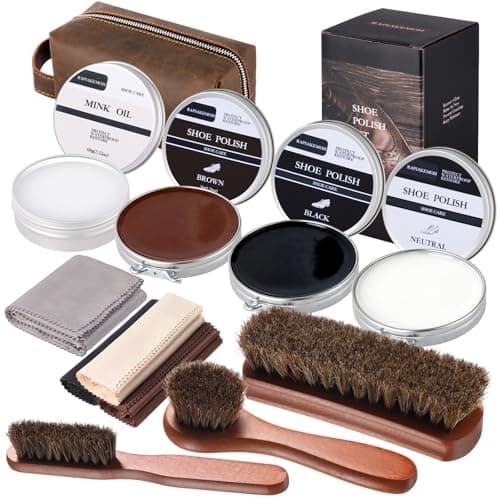 RAPSAKEMOH 12Pcs Shoe Polish Kit, Horsehair Brush Shoe Shine Kit For men, Shoes Boots Care Brushes Polish Kit (1, Brown)