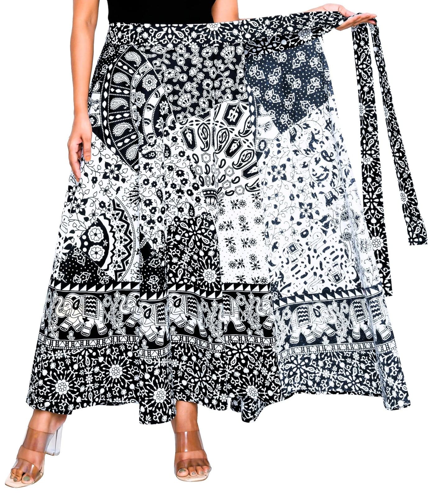 SAMJHI Premium Cotton Wraparound Skirt for Women (Black White 3, Free Size)
