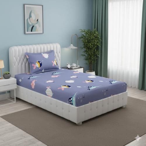 FRESH FROM LOOM Glace Cotton Wrinkle Free Soft Hypoallergenic Bed Sheet | Cartoon Printed Single Bedsheet For Kids With One Pillow Cover (60X90 Inches/Fish/Blue), 144 tc