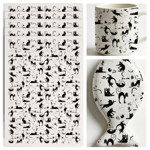 SUPERDANT 4PCS Cute Cats Underglaze Paper Transfer Kitty Animal Transfer Paper for Clay Ceramic Porcelain Under Glaze Transfers for Pottery Enamel Decals Black Underglaze Decal Papers