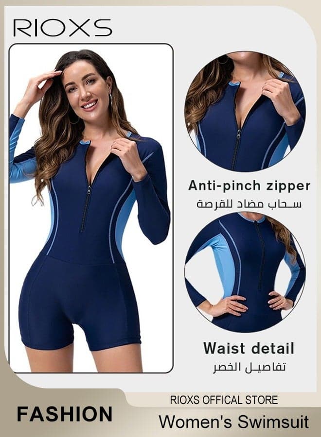Women's One Piece Swimsuit, Long Sleeve Rash Guard UV Protection Swimwear, Printed Bathing Suits For Women, Tummy Control Zip Front Wetsuit, Ladies Swimming Costume Set, Woman Surfing Swimwear, blue ombre one piece swimsuit, quick dry zip up swimwear, surfing rash guard for women, pool swimming suit