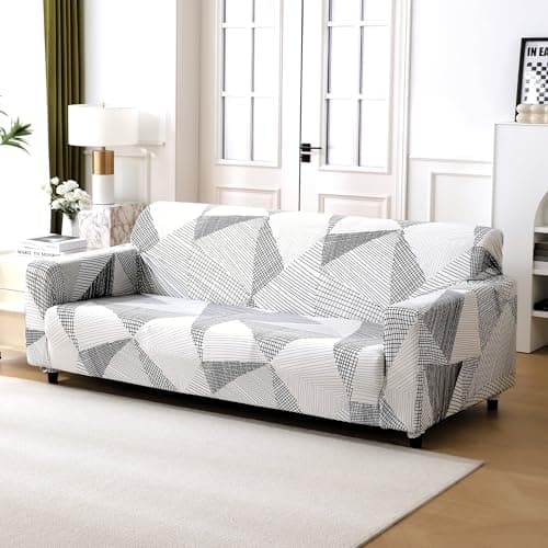 HOKIPO 'Elira Series' Polyester Blend 140Gsm Stretchable Sofa Cover for 4 Seater Sofa, Snow White Black Geometry (Ar-5006-C9)