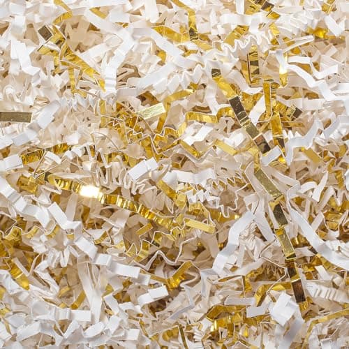 Mefleet 12 LB Crinkle Cut Paper Shred Filler 8 oz White Gold Crinkle Shredded Paper for Gift Box Gift Basket Bag Filler Grass Cushion Stuffing for Easter Mothers day Birthday Packaging Wrapping